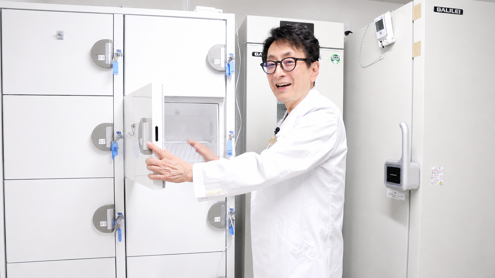 脂肪由来幹細胞専用の保管設備について説明する酒井形成外科院長